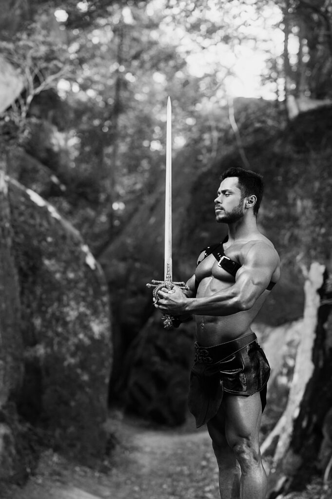 Manly warrior at the mountains